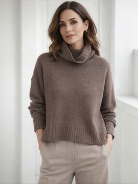 H Halston Cashmere Merino Turtleneck Sweater Brown Boxy Size L